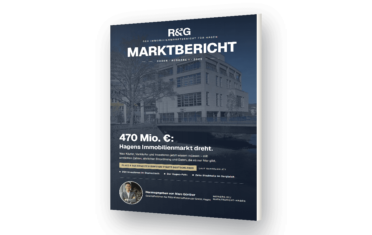 Der R&G Immobilienmarktbericht Hagen als gedrucktes Magazin – Titelseite mit der Kernaussage „470 Millionen Euro: Hagens Immobilienmarkt dreht“